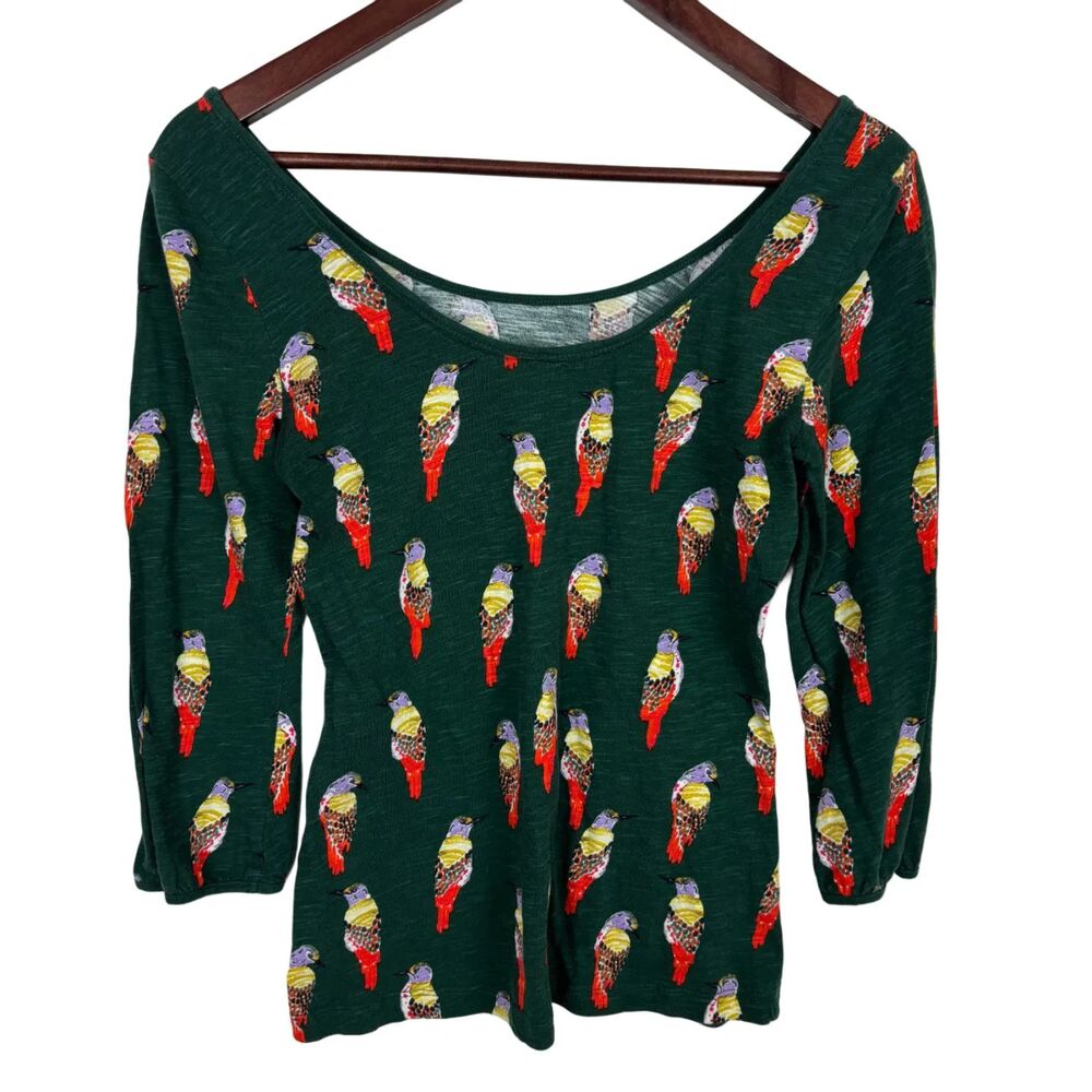 Anthropologie Postmark Green Bird Top Women’s Small 3/4 Sleeve Scoop Neck Back
